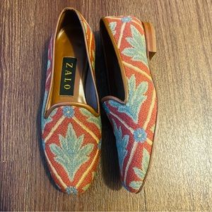 Vintage Needlepoint Size 5.5 Zalo Loafer Smoking Slipper Tapestry Handmade Shoe
